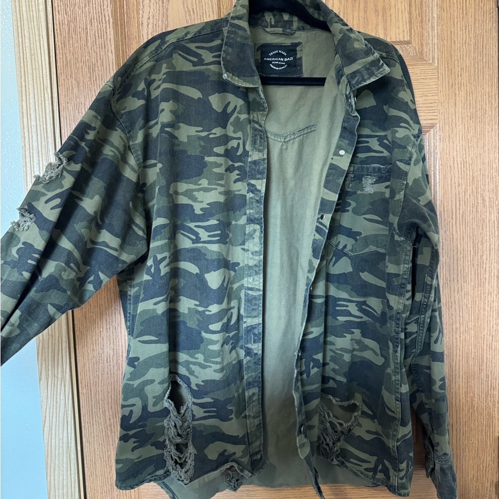 American Bazi Green Camouflage Distressed Jean Jacket